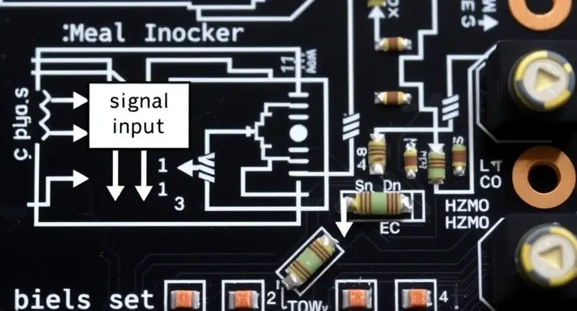 A detailed schematic diagram of a circuit board, highlighting a signal input lock circuit. The diagram should show components like resistors, capacitors, and integrated circuits, with arrows indicating signal flow. A close-up of a faulty component (e.g., a resistor with a broken lead) should be visible.