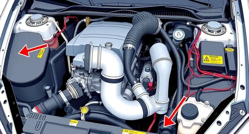 A detailed illustration of a car engine bay with a focus on the turbocharger and related components. The turbocharger should be clearly visible, along with the intake and exhaust manifolds, and the engine control unit (ECU). Wires and hoses should be depicted realistically.