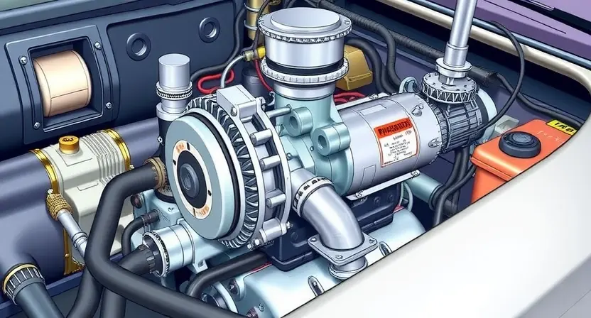 A detailed illustration of an automotive inverter cooling pump, showing its components and connections. The pump is depicted within a car's engine bay, with visible wiring and hoses. Focus on the pump's internal mechanisms and the surrounding cooling system elements.