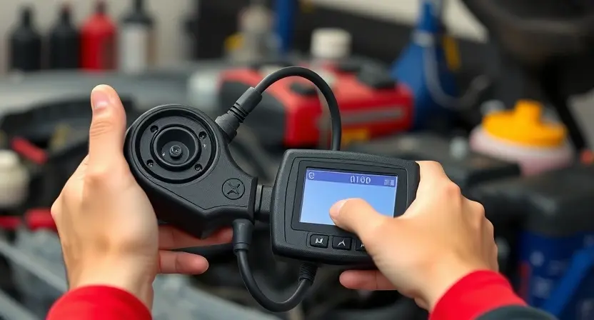 A mechanic using diagnostic equipment to check a car's oxygen sensor. The focus is on the sensor and the diagnostic tool connected to it. The background shows a garage environment with tools and car parts, but blurred to keep the focus on the main subject.