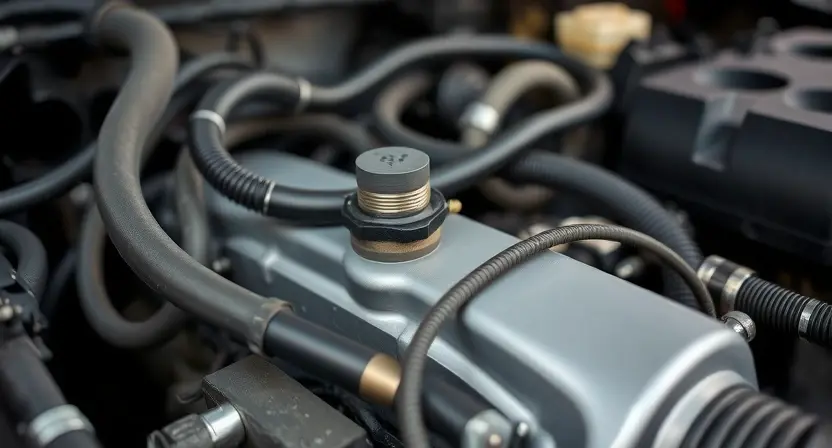 A close-up shot of a car's engine bay, focusing on the coolant temperature sensor and surrounding hoses. The engine should appear clean and well-maintained. The background should be slightly blurred, suggesting a garage or workshop environment.