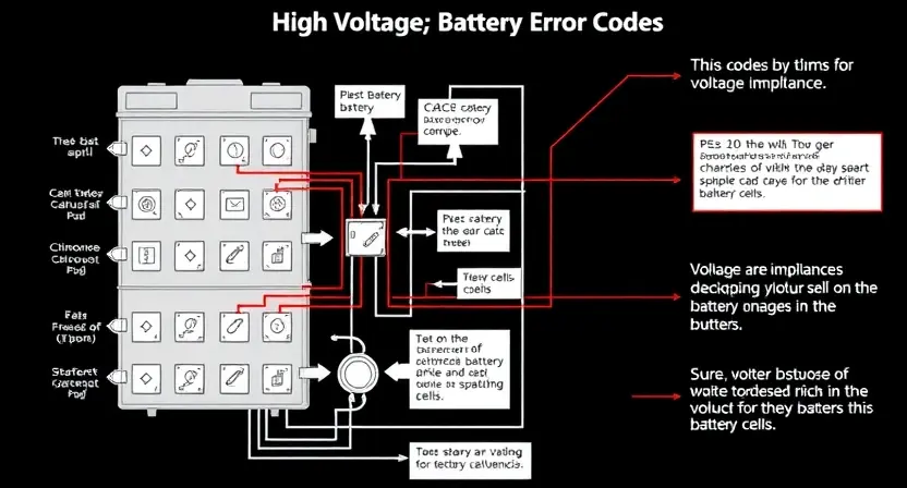 A detailed schematic diagram of a high-voltage battery system, highlighting the P3011-P3029 error codes. The diagram should visually represent the voltage imbalances and their impact on the battery cells. Focus on the internal components and connections of the battery.
