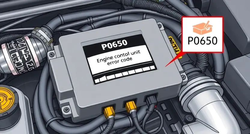 A detailed illustration of an engine control unit (ECU) with various sensors and wiring, highlighting the P0650 error code indicator. The image should depict a car engine bay with a close-up of the ECU.