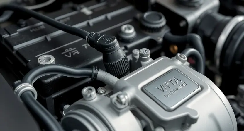 A close-up, detailed image of an automotive engine bay, specifically focusing on the throttle position sensor and its wiring. The engine should be clean and well-lit, showcasing the sensor's physical appearance and connections. Include surrounding engine components for context, but keep the focus on the sensor area.