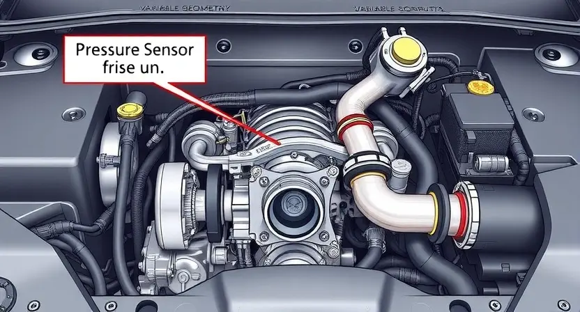 A detailed illustration of an automotive engine compartment, focusing on the throttle body and its associated components. The image should clearly show the pressure sensor located above the throttle body, highlighting its connection to the engine control unit (ECU). Include visual cues indicating potential issues like a stuck actuator or a malfunctioning variable geometry mechanism. The overall scene should be realistic and informative, suitable for a technical manual or diagnostic guide.
