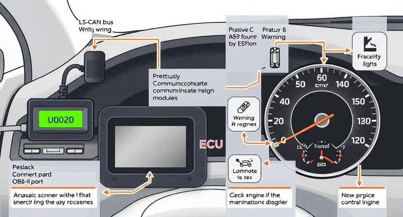 A detailed technical illustration of a car's electronic control unit (ECU) with visible LS-CAN bus wiring, diagnostic scanner connected via OBD-II port, error code U0020 displayed on a digital dashboard screen, circuit diagrams showing communication faults between modules, and subtle warning lights (check engine, ABS, ESP) illuminated on the instrument cluster — all rendered in a clean, professional automotive engineering style with blueprint-like overlays and muted technical colors.