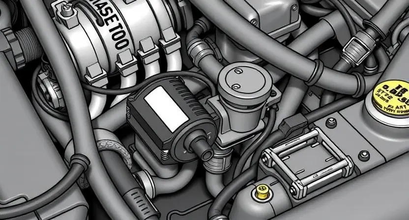 A detailed illustration of an ABS (Anti-lock Braking System) solenoid valve within a vehicle's engine bay. The solenoid should be clearly visible, with labeled connections and internal components subtly suggested. Focus on the solenoid's physical form and its placement relative to other engine components like hoses and wiring. The image should convey a sense of technical precision and clarity, suitable for an automotive repair manual.
