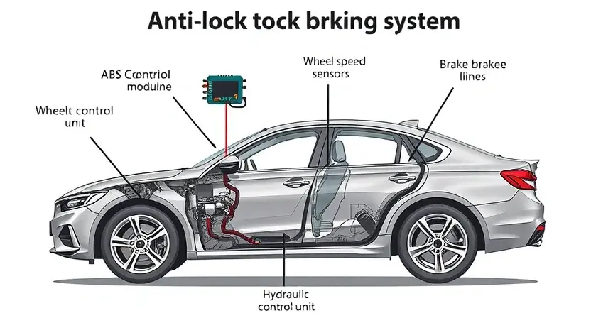 A detailed illustration of a car's anti-lock braking system (ABS) components. Show the ABS control module, wheel speed sensors, hydraulic control unit, and brake lines. The components should be clearly labeled with arrows pointing to each part. The background should be a clean, neutral color to emphasize the technical details. Focus on the mechanical and electronic aspects of the system.