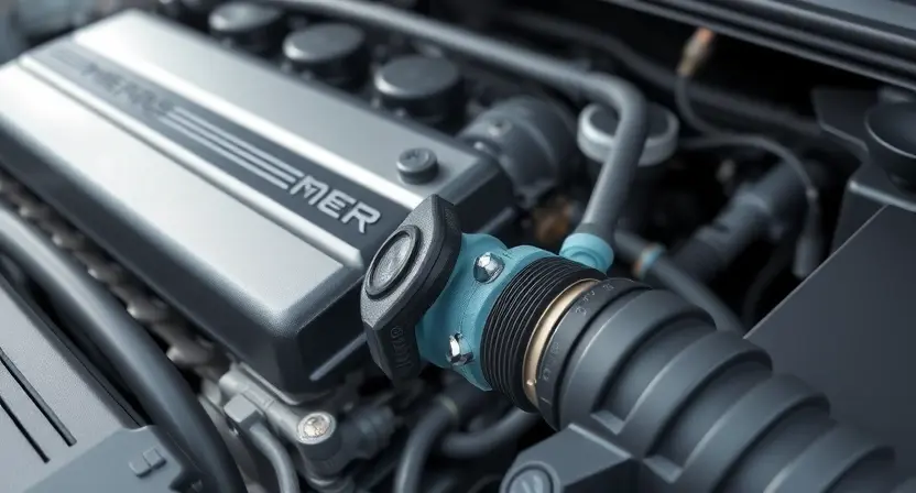 A close-up, detailed illustration of a car engine with a focus on the oxygen sensor and related components. The engine should appear clean and well-maintained. Subtle visual cues indicating a potential malfunction (e.g., a slightly discolored sensor) can be included without being overly dramatic. The background should be blurred to emphasize the engine.