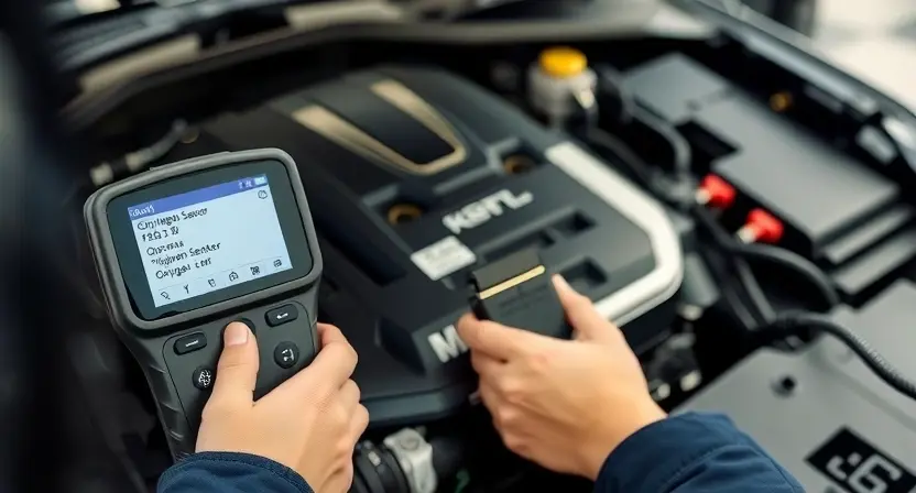 A close-up of an automotive engine bay with a mechanic using an OBD-II scanner connected to the car's diagnostic port. The focus should be on the scanner's display showing diagnostic data related to the oxygen sensor. The engine should be clean and well-lit, showcasing the various components. The mechanic should be wearing professional attire.
