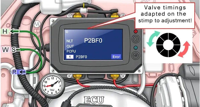 A detailed illustration of an engine control unit (ECU) with various sensors and diagnostic tools connected. Focus on the ECU's display showing a P2BF0 error code. Include a visual representation of the valve timing adaptation process, perhaps with arrows indicating adjustments.