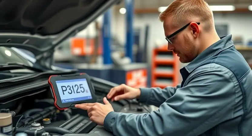 A professional mechanic in a clean workshop inspecting a car engine with diagnostic tools, focusing on error code P3125 displayed on a tablet, high-quality lighting, realistic textures, no text or digits, no letters, no numbers, no text, no text, no text or letters visible in the image, no digits, no labels, no UI elements, no signage, no text on tools or screens, no written content of any kind