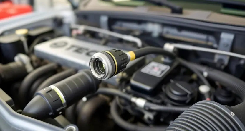 A close-up, detailed image of a car's engine bay. Focus on the oxygen sensor and related wiring. The engine should appear clean and well-maintained. The background should be slightly blurred, suggesting a garage setting.