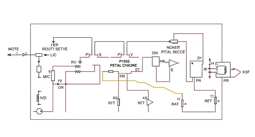 A detailed schematic diagram of an electric drive circuit with a choke, highlighting the P2103 error code area. Focus on the circuit components, wiring, and signal flow. Include labels for key parts like the choke, motor, and control unit. The diagram should be clean, well-organized, and easy to understand, resembling a professional engineering illustration.