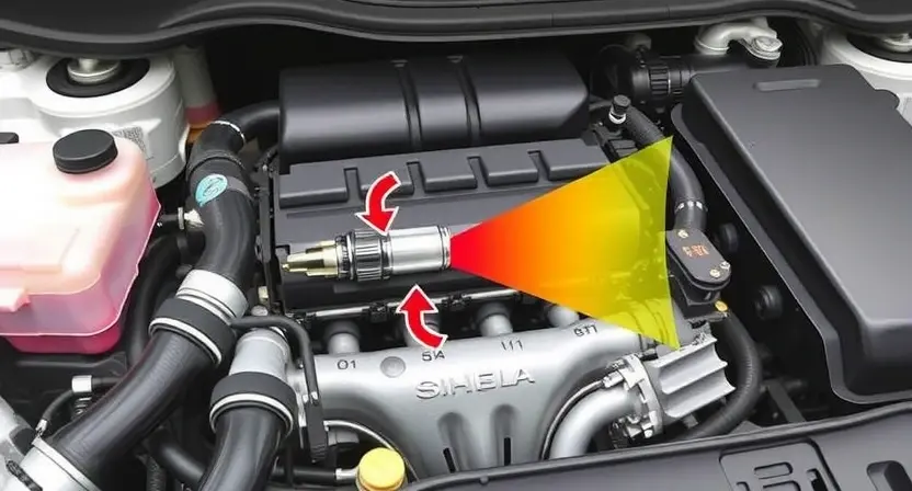 A detailed diagram illustrating a car's engine with a highlighted oxygen sensor (sensor A). Arrows indicate the flow of exhaust gases and the sensor's position within the exhaust system. Visual cues show the sensor operating outside of its normal range, perhaps with a color gradient indicating abnormal readings. Focus on the sensor and its immediate surroundings within the engine bay.
