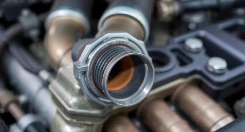 A close-up, detailed image of an automotive exhaust manifold with a visible oxygen sensor. The sensor should be clearly identifiable, showing its wiring and connection points. The surrounding metal should have a realistic, slightly worn appearance, indicative of engine components. Focus on the sensor and its immediate environment. The background should be blurred, suggesting an engine bay setting.