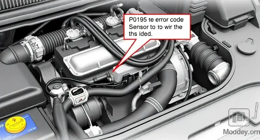 A detailed illustration of an automotive engine bay, focusing on the location of the P0195 error code sensor and its associated wiring. The image should clearly show the sensor, wiring harness, and potentially a diagnostic tool connected to the sensor. The engine should be partially visible in the background.