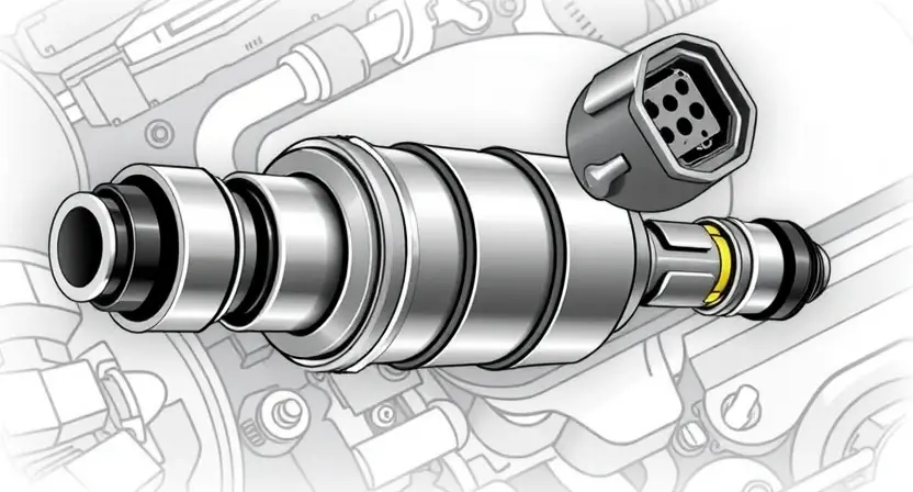 A detailed illustration of a fuel injector, highlighting its internal components and connections. The image should showcase the injector's nozzle, solenoid valve, and electrical connector. The background should be a clean, technical environment.