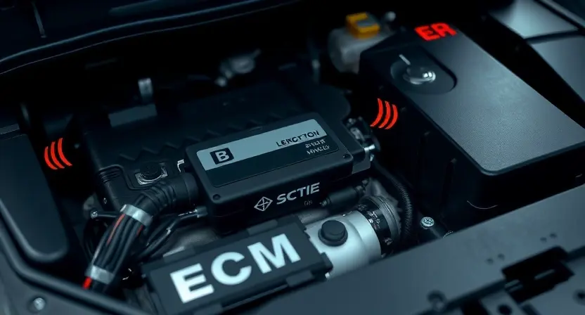 A modern car engine compartment with a focus on the Engine Control Module (ECM) labeled 'B', showing a disconnected or damaged wiring harness leading to it, with subtle visual indicators of communication loss such as faint red error waves or digital glitch effects around the ECM, dark automotive workshop lighting, high detail, realistic style