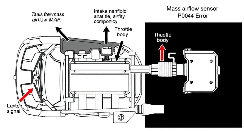 A detailed diagram illustrating a car's engine system, specifically highlighting the mass airflow sensor (MAF) and its connection to the engine control unit (ECU). Show arrows indicating airflow and electrical signals. Include labels for key components like the intake manifold, throttle body, and oxygen sensors. The diagram should be clean, professional, and easy to understand, focusing on the diagnostic process for a P0104 error.