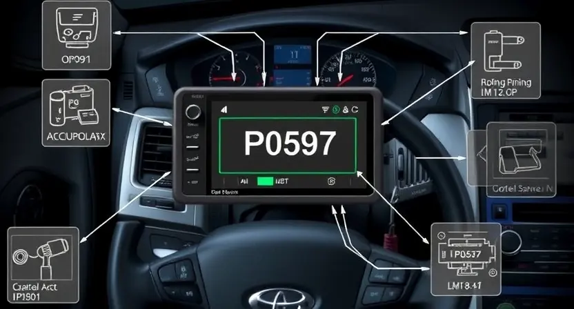 A detailed illustration of a car's engine control unit (ECU) with wiring diagrams and diagnostic tools surrounding it. Focus on the P0597 error code displayed on a screen.