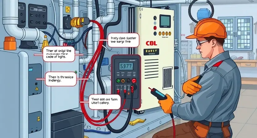 A detailed illustration of a high-voltage system with a focus on the diagnostic process for error code P3005. The image should depict a technician using diagnostic tools to inspect various components of the system, such as the battery, inverter, and wiring. The scene should include safety equipment like gloves and goggles, emphasizing the importance of precautions. The background should show a well-maintained workshop with organized tools and equipment, highlighting the significance of regular m