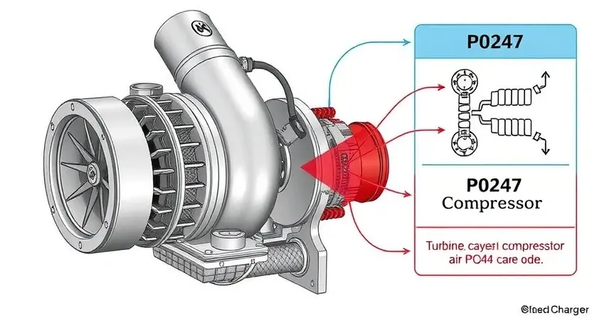 A detailed illustration of a turbocharger system with a visual representation of the P0247 error code. Include diagrams showing the flow of air and fuel, the turbine and compressor, and a highlighted area indicating the potential cause of the error. The image should be scientifically accurate and easy to understand.