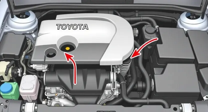 A detailed illustration of a Toyota vehicle's engine bay, highlighting the location of the oxygen sensor (O2 sensor). The sensor should be clearly visible, with arrows pointing to its position. Include surrounding engine components for context. Focus on a clean, well-lit depiction of the engine compartment.