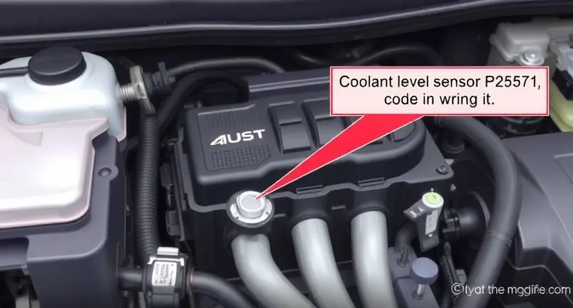 A detailed illustration of a car's engine bay, focusing on the coolant level sensor and its wiring. The sensor should be clearly visible, along with the associated wiring harness and connector. Include a visual representation of the P2557 error code displayed on a car's dashboard. The background should be slightly blurred to emphasize the engine components.