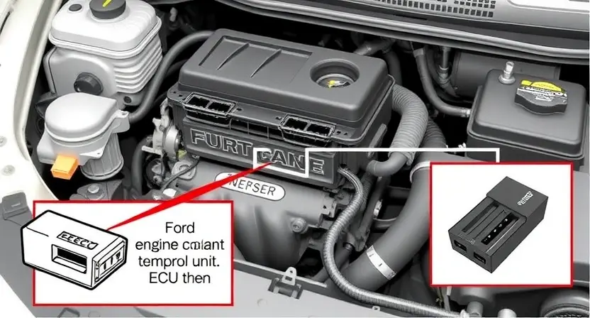A detailed diagram illustrating the Ford Escape engine coolant temperature sensor and its connection to the engine control unit (ECU). Show the sensor's location within the engine, highlighting its physical connection and wiring. Include a simplified representation of the ECU and the data flow between the sensor and the ECU. Use clear, technical illustrations and labels to identify key components. Focus on the sensor itself and its immediate surroundings within the engine bay.