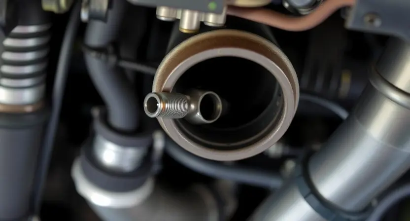 A close-up of a car's exhaust system with a focus on the oxygen sensor. The sensor should be clearly visible, and the surrounding pipes and components should be detailed. The image should convey a sense of automotive mechanics and diagnostics.