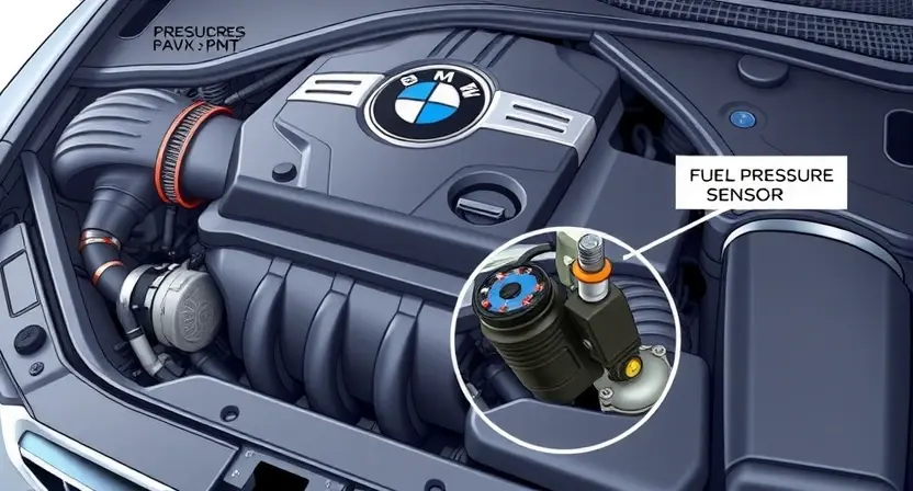 A detailed illustration of a BMW car engine bay, highlighting the fuel pressure sensor and related components. The engine should be clean and well-lit, showcasing the sensor's location and connections. Focus on the technical aspects of the engine compartment.
