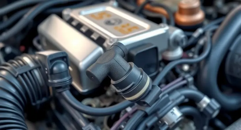 A close-up, detailed illustration of an engine bay with a focus on the Mass Air Flow (MAF) sensor. The sensor should be clearly visible, along with associated wiring and intake manifold components. The overall lighting should be bright and clean, emphasizing the sensor's physical characteristics. The background should be slightly blurred to keep the focus on the MAF sensor.