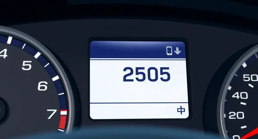 A close-up, detailed illustration of an automotive dashboard display showing a P2505 error code. The display should be clear and easy to read, with the error code prominently featured. The background should be slightly blurred to focus attention on the dashboard.