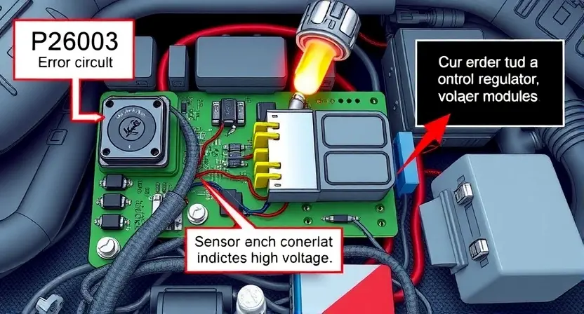 A detailed illustration of an automotive electrical control circuit with a focus on the wiring and components related to the P2603 error code. The image should depict a close-up view of the circuit board, highlighting the voltage regulator, sensors, and control modules. Include visual cues indicating high voltage, such as glowing components or sparking. The background should be a clean, technical environment.