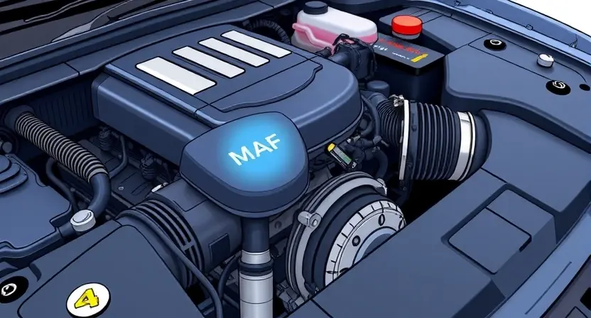 A close-up, detailed illustration of a car engine bay with a focus on the engine's components. Highlight the mass airflow sensor (MAF) with a subtle glow or visual emphasis. The overall scene should be clean and well-lit, showcasing the engine's internal workings.