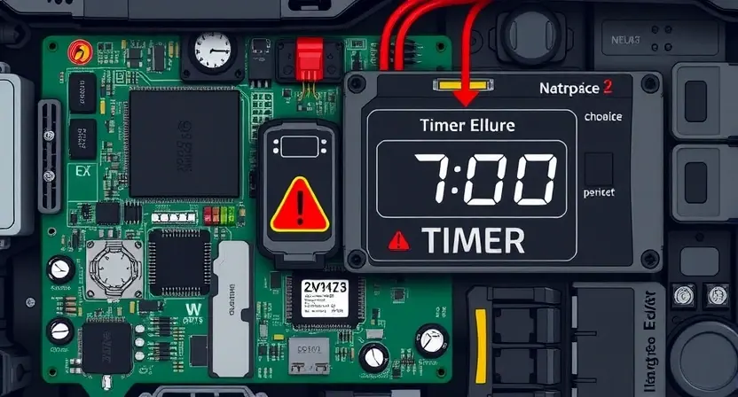 A detailed illustration of an electronic control unit (ECU) with a visual representation of an internal timer malfunction. Focus on circuit board components, diagnostic indicators, and a graphical depiction of a timer error. The image should convey a sense of technical complexity and potential system failure.