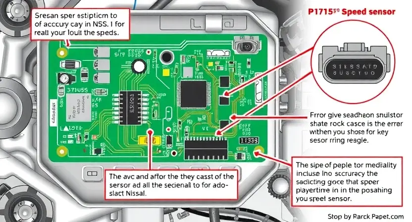 A detailed illustration of a Nissan car's speed sensor circuit board, highlighting the P1715 error code. Include visual representations of the sensor, wiring, and potential causes of the error. Focus on technical accuracy and clarity.