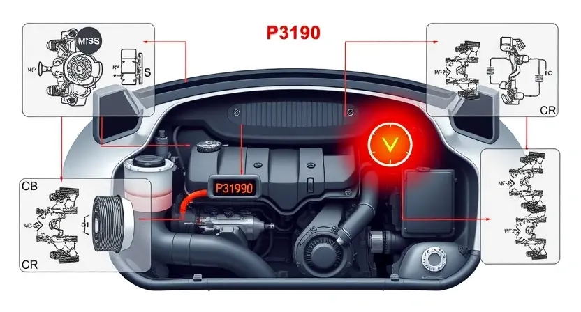 A high-quality technical illustration showing a car engine with a warning light on the dashboard indicating an engine power issue, surrounded by schematic diagrams of engine components and error code P3190, clean white background, professional automotive repair style