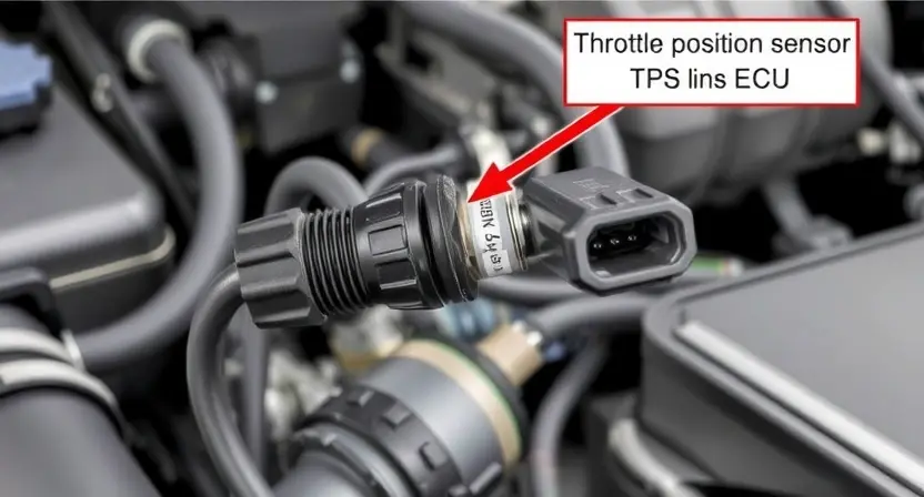 A close-up, detailed illustration of a car's throttle position sensor (TPS) and its wiring harness. The image should highlight the sensor's physical components and the connection to the engine control unit (ECU). Focus on the electrical connections and the sensor's position near the throttle body. The background should be a slightly blurred engine bay environment.