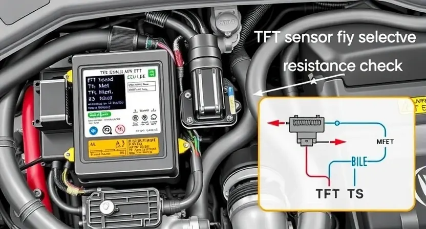 A detailed illustration of an automotive engine control unit (ECU) with a wiring diagram highlighting the TFT sensor resistance check. Focus on the ECU's internal components and the connections to the TFT sensor. Include visual cues indicating a diagnostic process.
