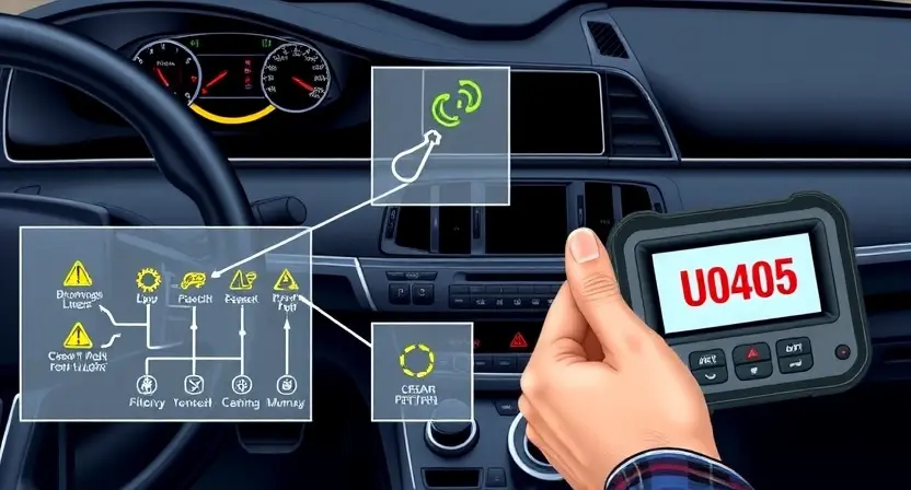 A detailed technical illustration of a modern car's cruise control system with highlighted components showing the U0405 error code, including warning lights on the dashboard, a schematic diagram of the vehicle's network, and a mechanic's hand holding a diagnostic scanner displaying the error code U0405, all rendered in a clean, professional style with technical accuracy and no text or numbers on the image