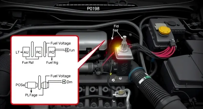 A detailed illustration of an automotive engine bay, focusing on the sensor circuit. Include a visual representation of the P0198 error code light illuminated on the dashboard. Show wiring diagrams and components like the fuel rail, fuel injectors, and the sensor in question. The image should depict the potential causes of high voltage in the sensor circuit, such as loose connections or faulty wiring.