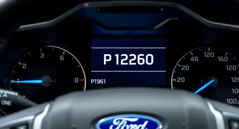 A close-up shot of a Ford vehicle's dashboard with a diagnostic screen displaying "P1260" error code. The dashboard should be clean and modern, focusing on the error message.
