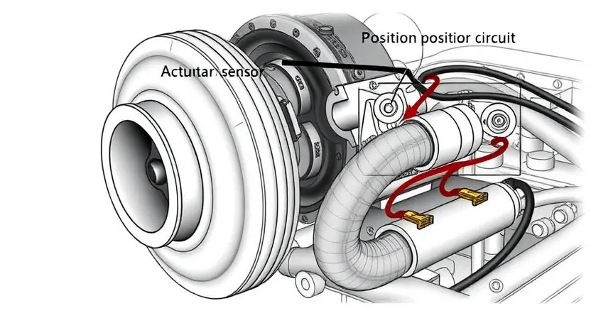 A detailed illustration of a turbocharger and its actuator, highlighting the position sensor circuit. Focus on the components and wiring involved in the sensor's function. The image should be technical and informative, suitable for a repair manual or educational resource.