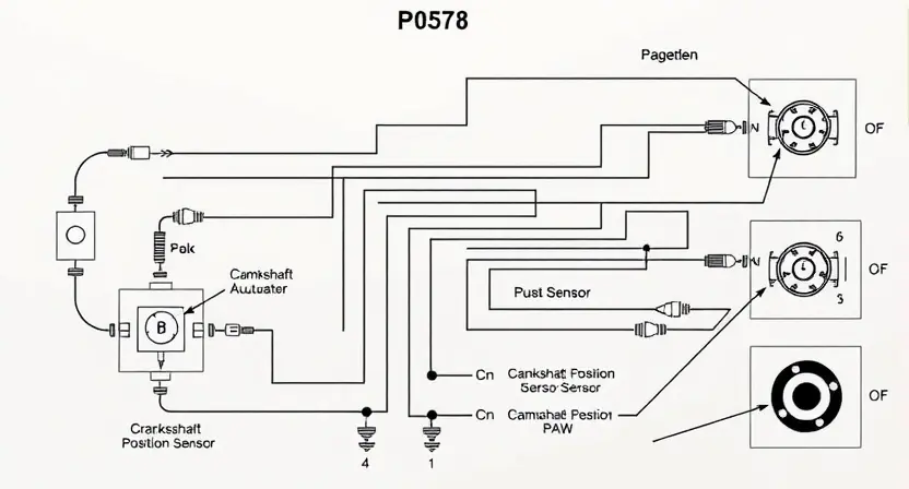 A detailed schematic diagram illustrating the P0578 error code in a vehicle's engine control unit (ECU). The diagram should show the relevant sensors, actuators, and wiring related to the code, with clear labels and connections. Include visual representations of the potential causes of the P0578 code, such as a faulty crankshaft position sensor or a problem with the camshaft position sensor.