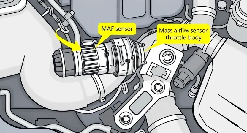 A detailed illustration of a car engine's intake system. The image should clearly show the mass airflow sensor (MAF sensor) and its connection to the throttle body and intake manifold. Highlight the airflow path and the sensor's position within the system. Focus on the mechanical components and their arrangement. The overall aesthetic should be clean and informative, suitable for a technical guide.