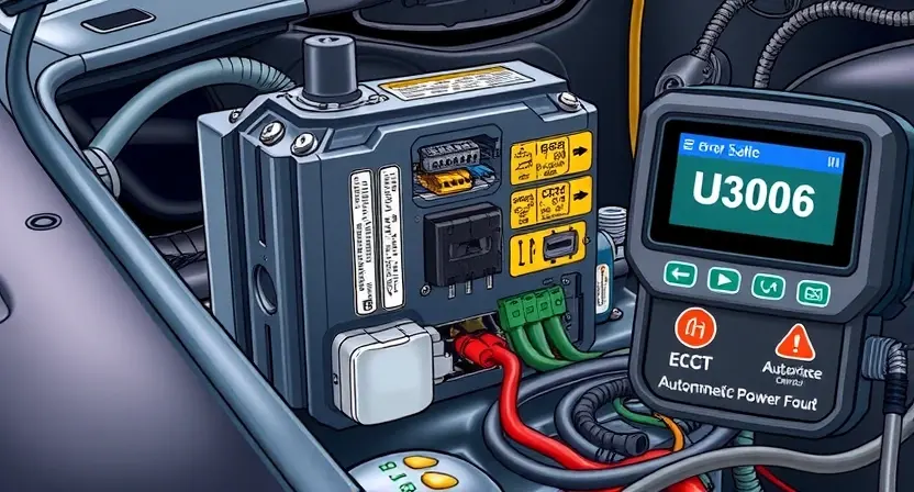 A detailed technical illustration of an automotive ECU (Electronic Control Unit) with visible wiring harness and power supply circuit, highlighting a fault in the power supply line — showing a broken wire, corroded connector, or blown fuse near the ECU's power input, with diagnostic tool displaying error code U3006 on its screen, set in a clean automotive workshop environment with soft lighting and focus on the ECU and circuit details