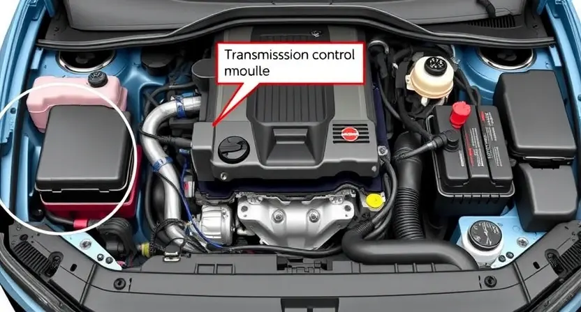 A detailed illustration of a car's engine bay, highlighting the area related to the P0587 error code. Include visual representations of relevant components like the transmission control module (TCM), sensors, and wiring. The image should convey a sense of technical complexity and precision.