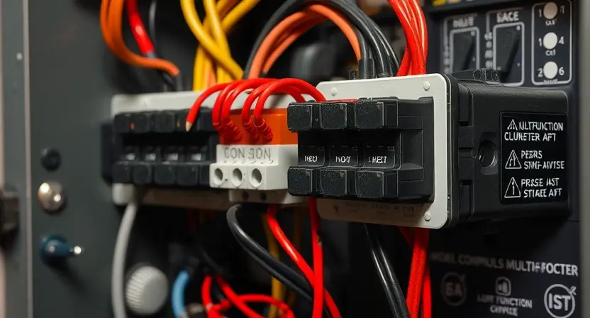 A detailed, high-resolution image of a malfunctioning multi-function switch circuit. The image should focus on the electrical components, wires, and potential signs of damage like burnt connections or loose wires. The background should be a dimly lit electrical panel or workbench.